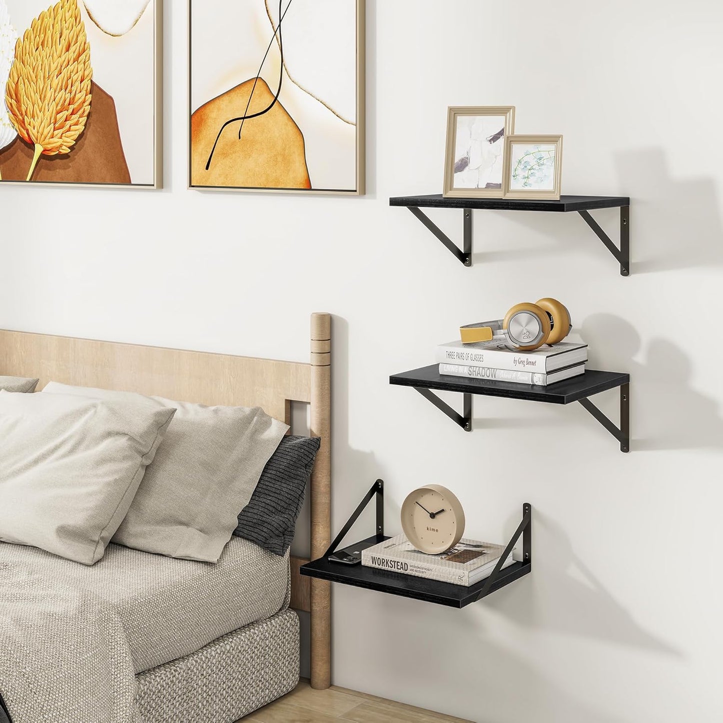 Heimlove Deep Floating Shelves for Wall, 12 Inch Deep Floating Shelves Set of 3, 16W x 12D Wood Wall Shelves, Wide Wood Shelves with Metal Bracket for Living Room, Kitchen, Office, Bedroom - Black