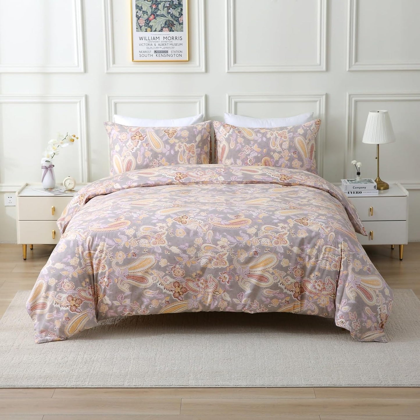 ABREEZE Paisley Bedding Sets 3Pcs Brushed Cotton Duvet Cover Set Queen Size Rustic Damask Gold Floral Comforter Cover with Zipper Closure Boho Bedding Collections