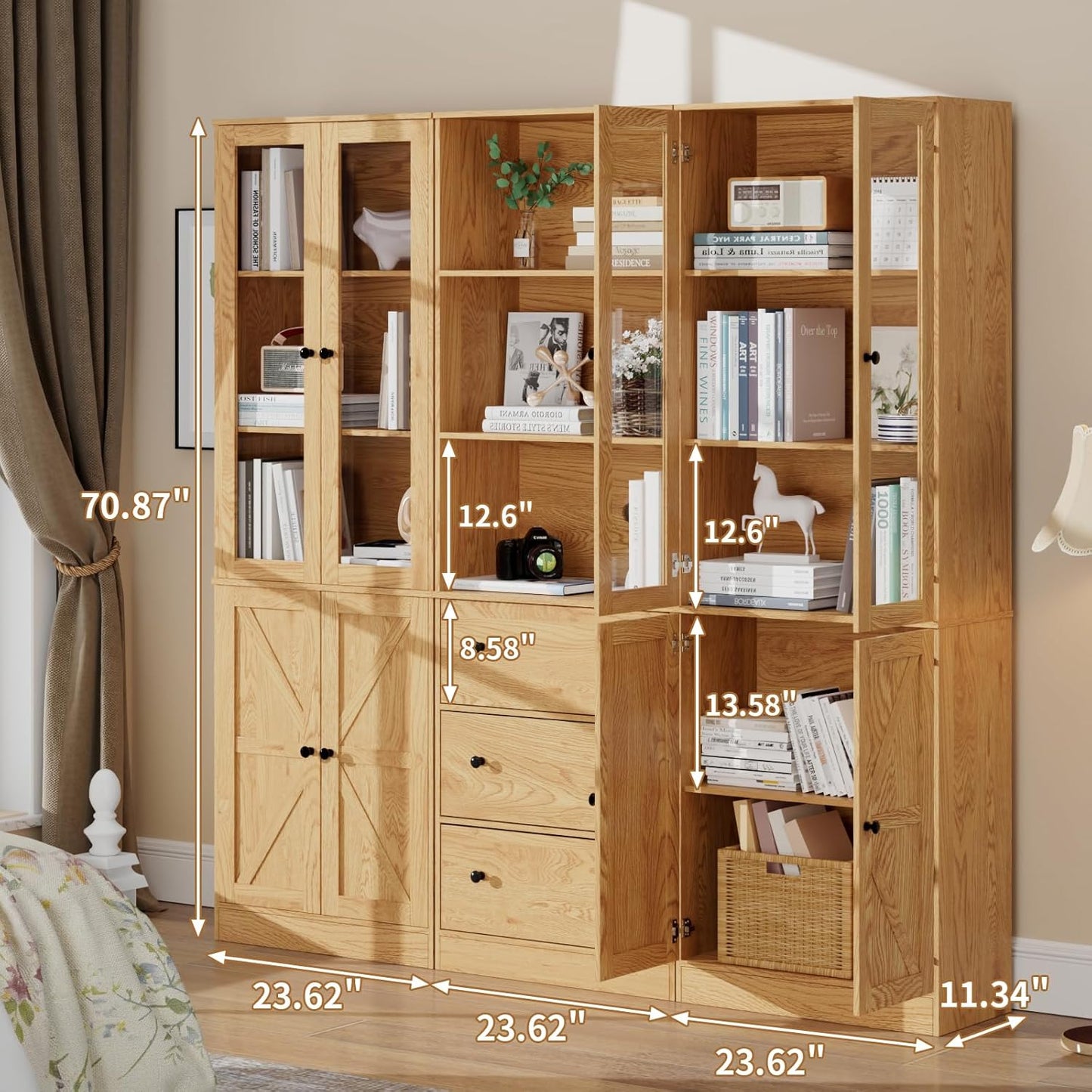 71" Tall Bookshelves Set of 3, 1 Bookcase with Drawers & 2 Bookshelves with Doors, Wooden Floor Standing Display Storage Shelves for Home Office, Living Room