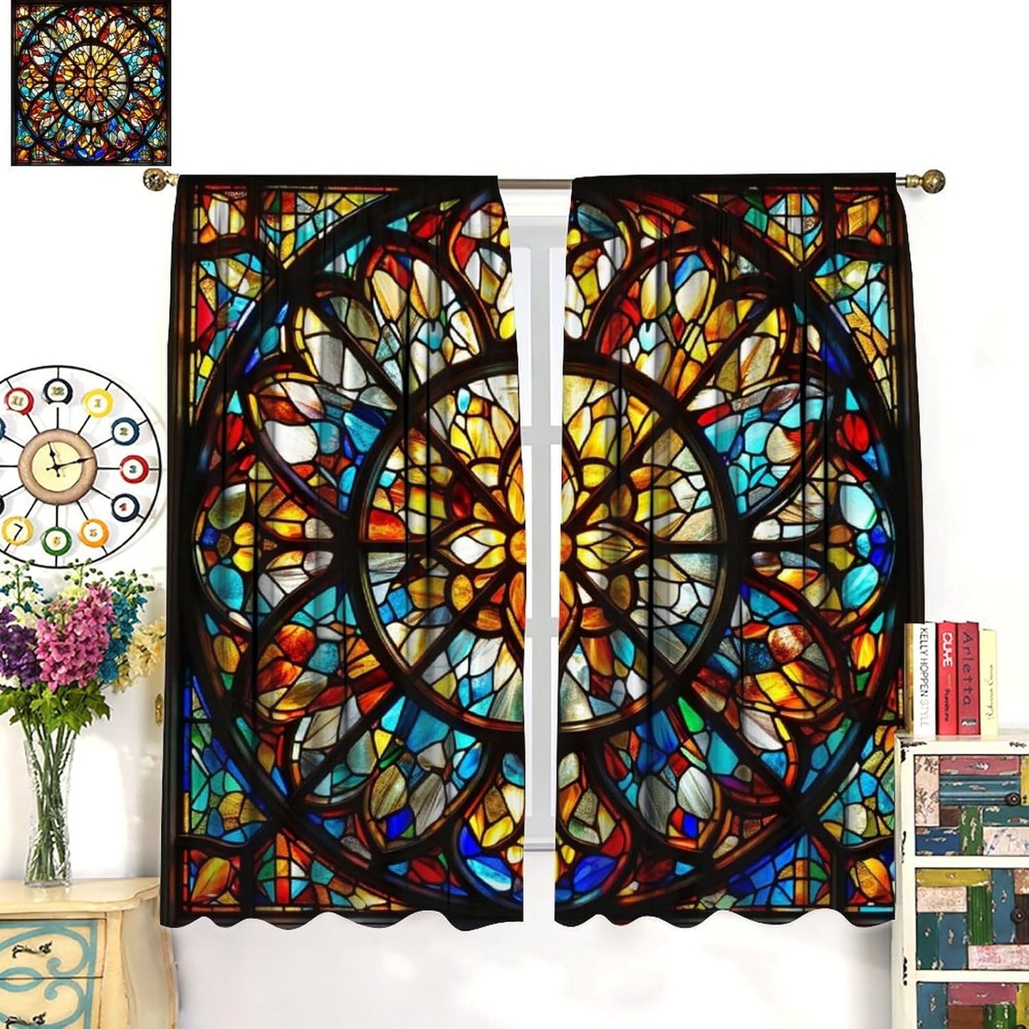Stained Glass Curtains,Retro Mid Century Abstract Colorful Geometric Prints Home Decor Drapes for Bedroom Living Room Kitchen Window Treatment 2 Panels Set Total Size 84" W X 84" L Inch