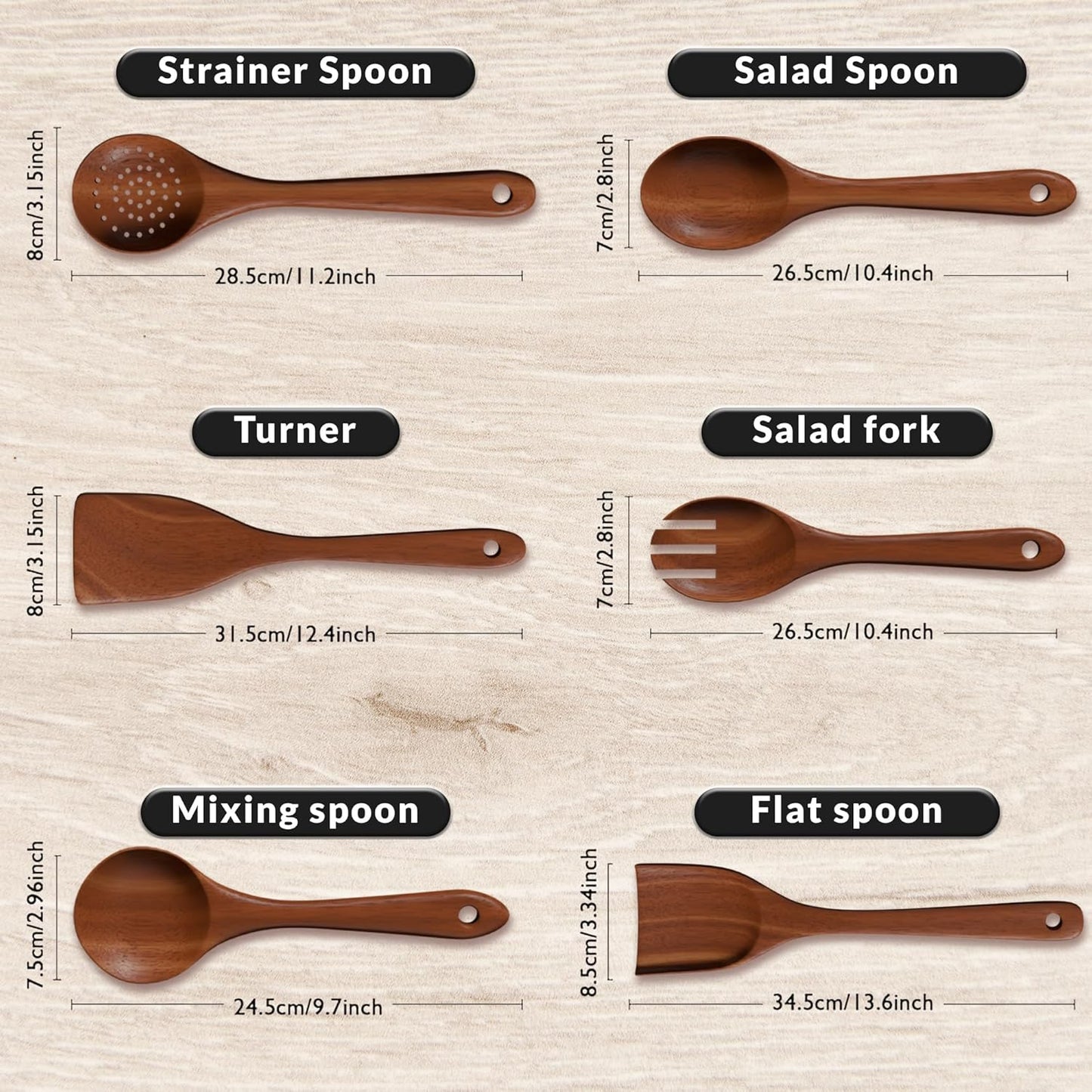 6-Piece Acacia Wood Cooking Utensil Set – Wooden Kitchen Pan Toolset for Nonstick Cookware – Includes Spoons & Spatulas – Non-Scratch, Eco-Friendly Cooking Tools – Everyday Use - Lifetime Replacements