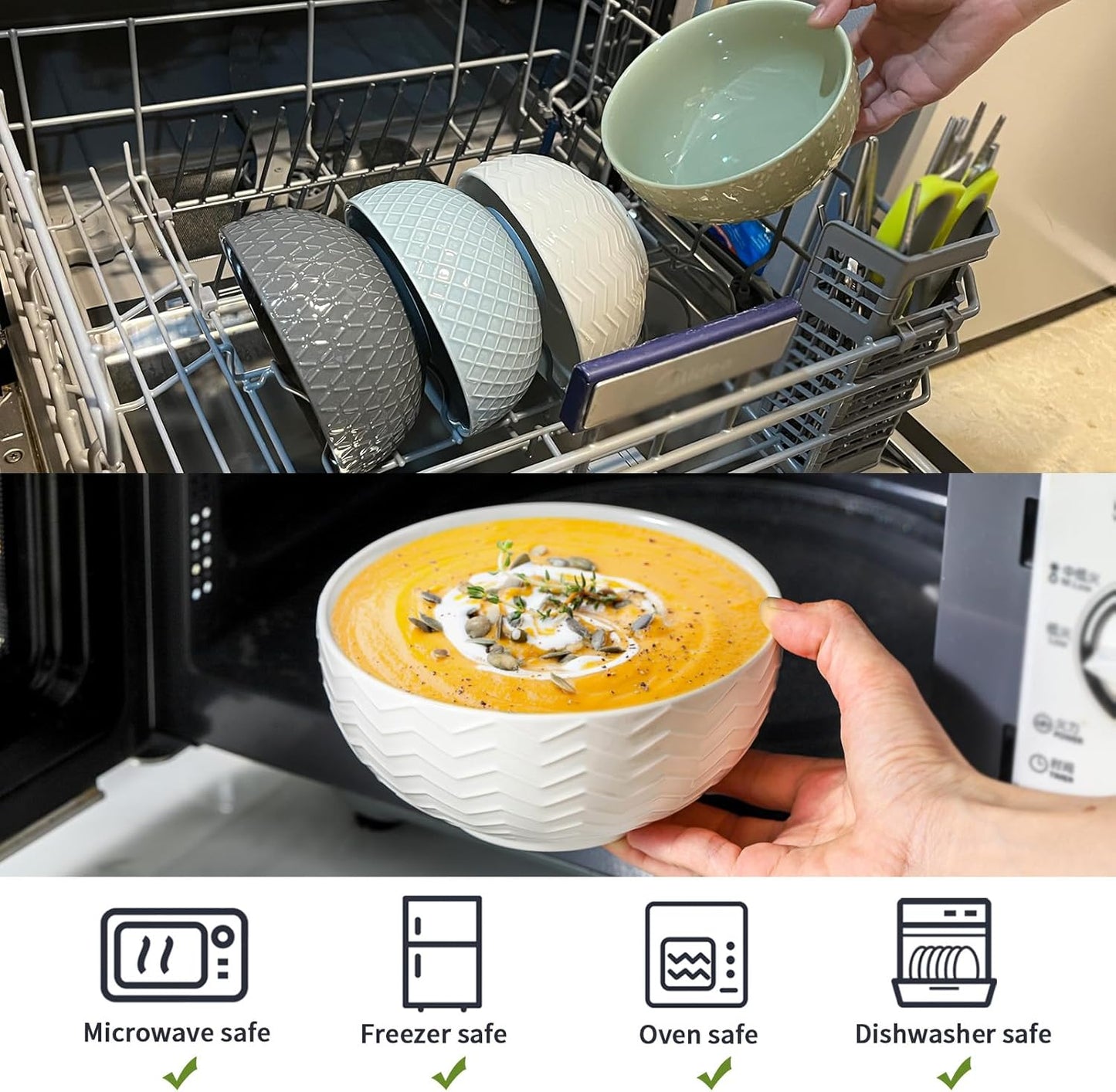 Hasense Soup Bowls 26 OZ, Ceramic Bowls Set of 4 for Kitchen, Embossed Stoneware Porcelain Cereal Bowls for Soup, Cereal, Oatmeal, Fruit, Salad, Noodle and Rice, Microwave Dishwasher Safe, Multi-color