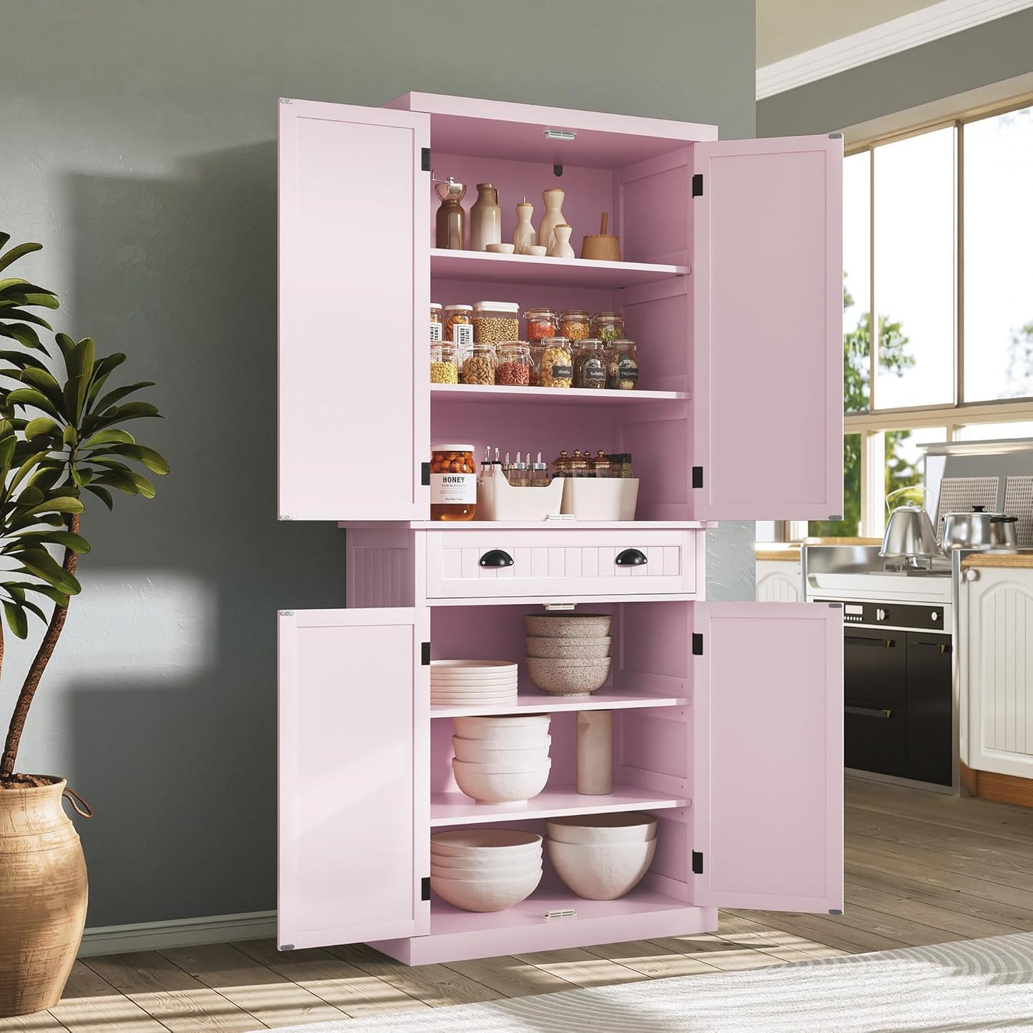 ARTPOWER 72" Tall Kitchen Pantry Storage Cabinet with Drawer and Adjustable Shelves, Pantry Cabinet for Kitchen, Bathroom or Hallway, Pink