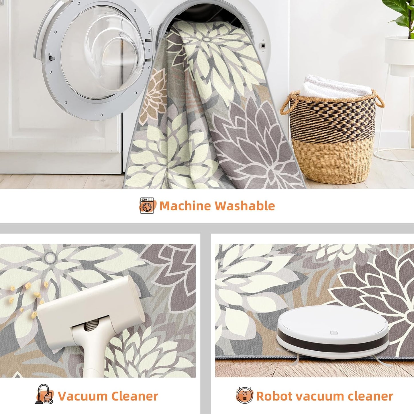 Indoor Outdoor Area Rug Washable Multicolored Patio Rug Tropical Botanical Modern Floral Indoor Outdoor Carpet Brown White Rug Non Slip Non Shedding for Patio, Deck, Backyard, Porch (6x9)