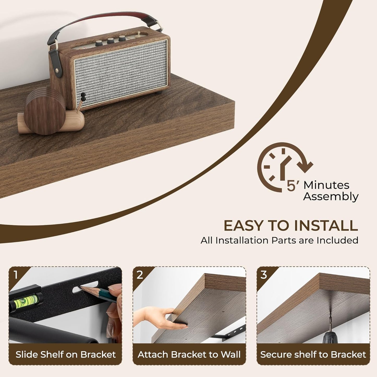 RICHFOCUS 55Inch Floating Shelves for Wall 1 Pack Shelves for Bedroom|Kitchen|Bathroom Wall Mounted Rustic Wood Floating Shelf with Invisible Brackets for Books|Storage|Decor, Walnut