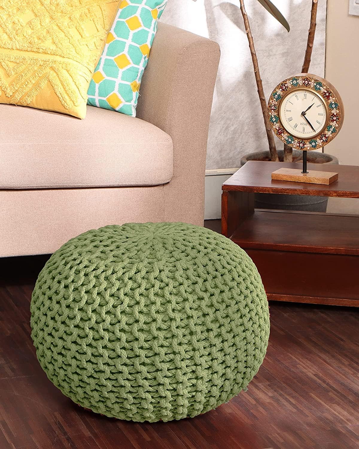 REDEARTH Round Pouf Foot Stool Ottoman - Cotton Knitted Cord Boho Pouffe - Cable Poof Filled Footrest Stuffed for Living Room - Nursery - Bedroom - Patio - Lounge (19.5"x19.5"x14") - Kiwi