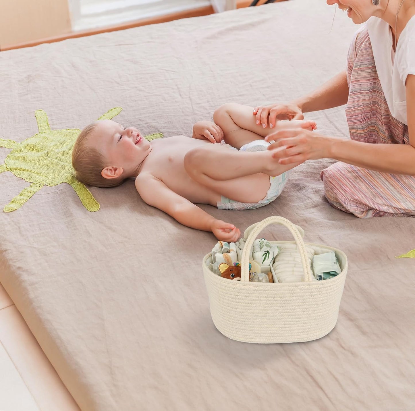 Diaper Caddy Organizer Cotton Rope Baby Basket Nursery Storage and Portable Tote Bag for Car Ideal Baby Shower Gifts and Registry Must-Have for Newborn Essentials Large beige