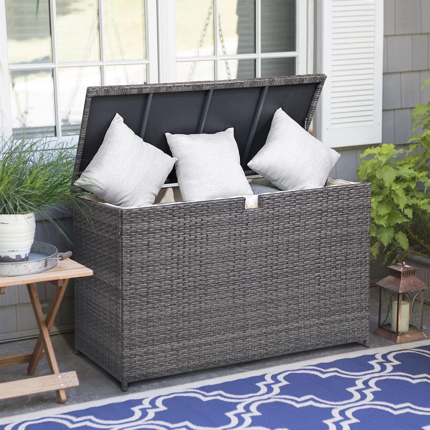 Super Patio Outdoor Patio Storage Box Waterproof, 120 Gallon Large Deck Box Wicker Storage Bin for Cushions, Garden Tools, Gray