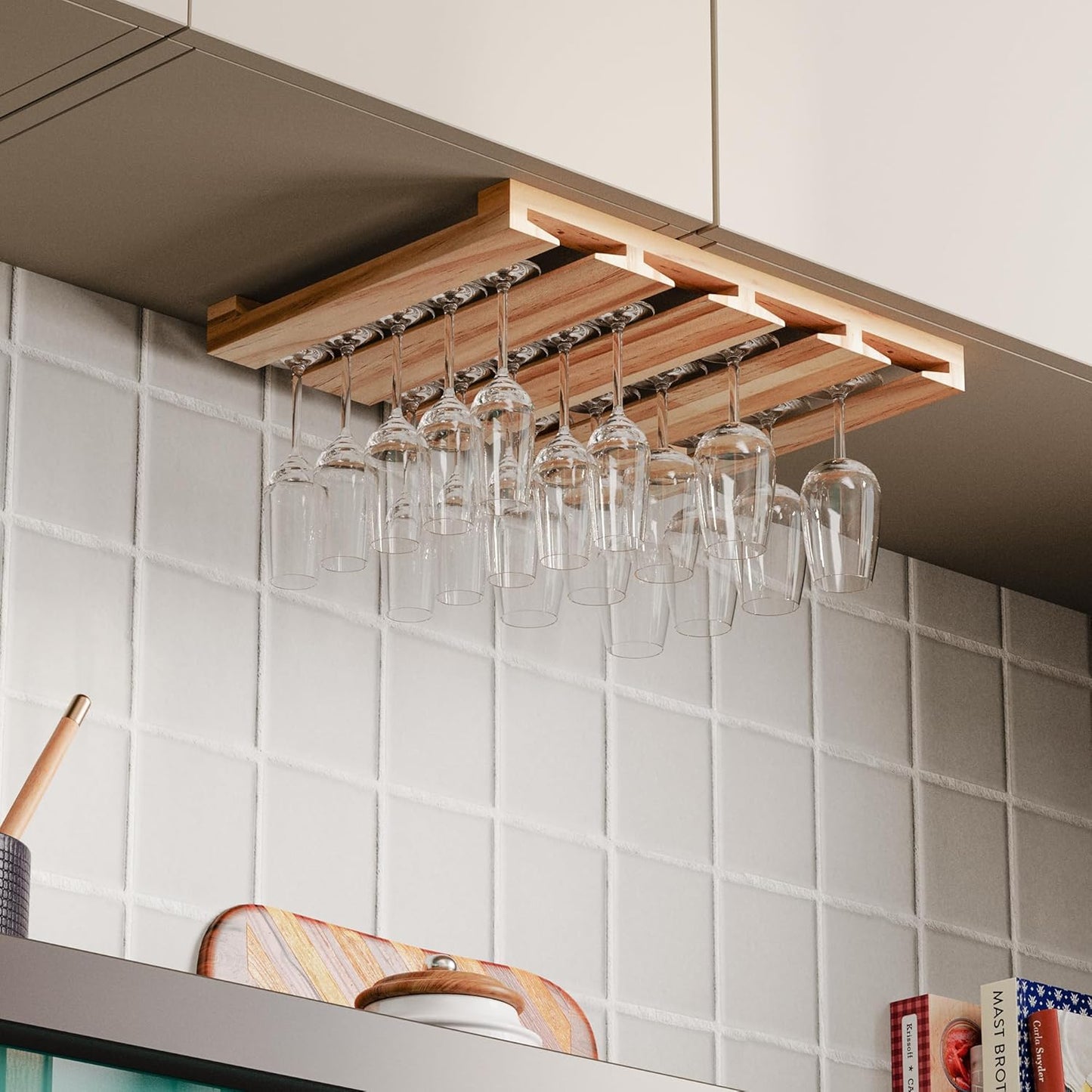 Rustic State Eze 4 Sectional Under Cabinet Mount Wood Stemware Rack Hanging Shelf Glassware Holder Bar Organizer with up to 12 Wine Glass Storage 12 Inch Deep Natural