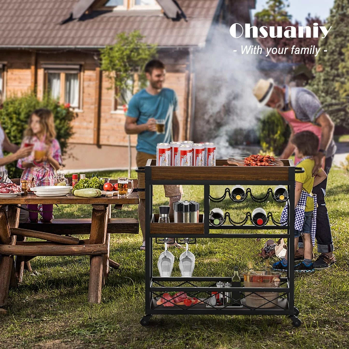 Bar Cart Industrial Kitchen Serving Carts for Home 3 Tier Storage Trolley with Wine Rack Glasses Holder Two Portable Trays Universal Casters with Brakes Rustic Rolling Cart Alcoholic Beverage