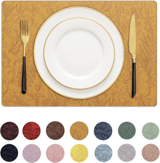 Romanstile Vinyl Placemats Set of 6-12 X 18 Inch - Heat Resistant Non-Slip Embossed Floral Place Mats 100% Waterproof Oilproof Wipeable Faux Leather Table Mats for Kitchen/Dining/Party, Gold