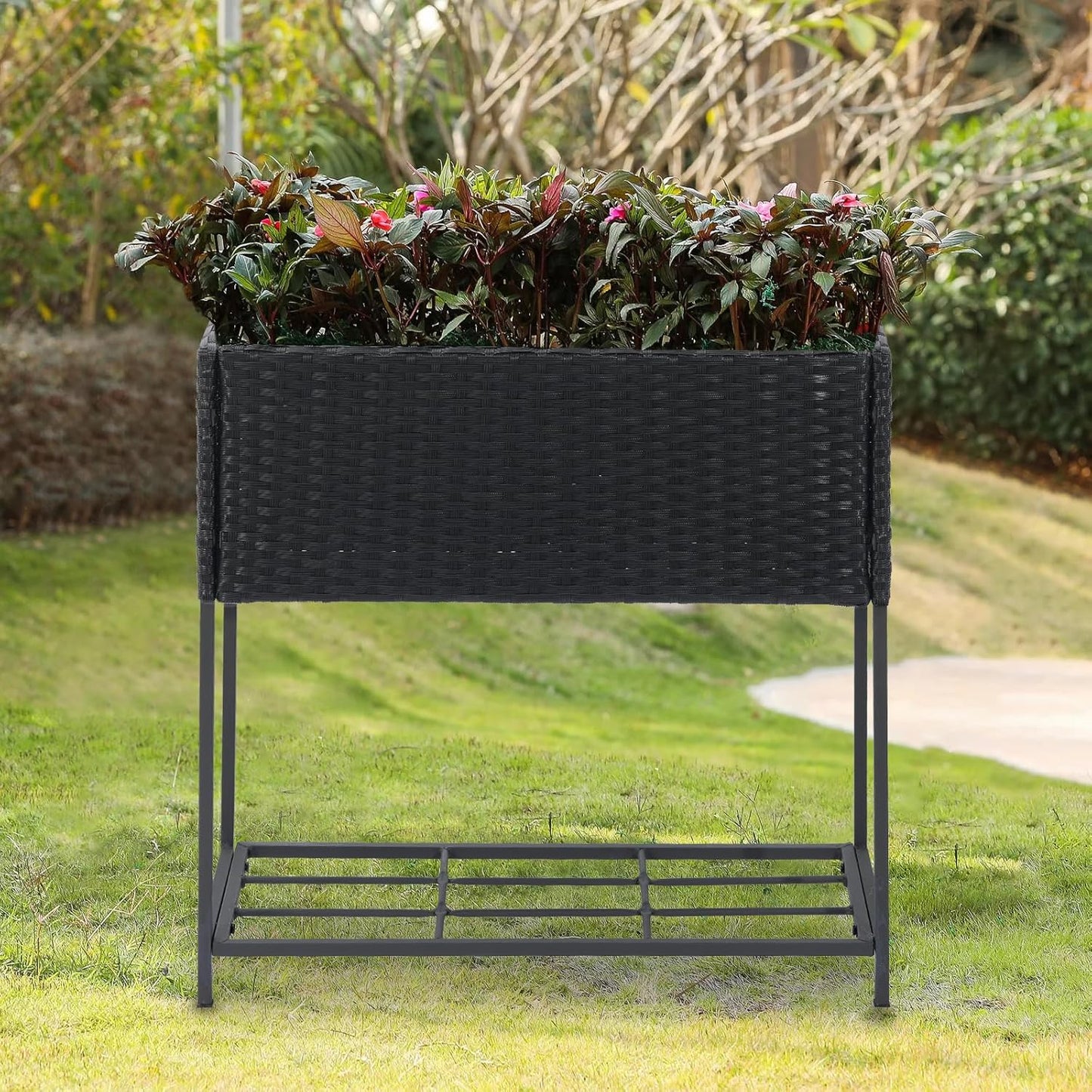 SUNNYPARK Tall Planters for Outdoor Plants Rattan Modern Elevated Planter Box with Removable Liners Indoor Outdoor Porch Patio Flower Pot (27.5’’ x 12’’ x 27.5’’)