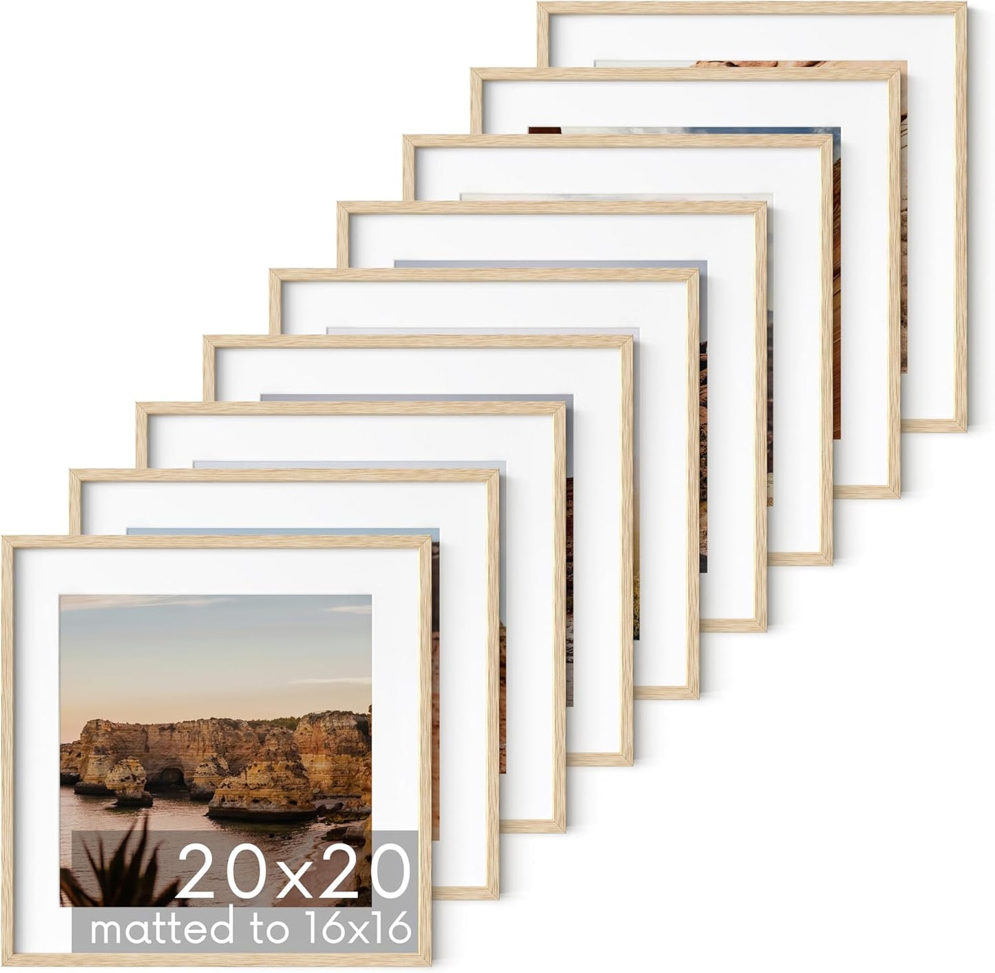 HAUS AND HUES 20x20 Picture Frames Set of 9 - Square Frames 20x20, Picture Gallery Wall Frame Set, 20x20 Frames for Poster, 9 Set of Frames for Gallery Wall, Square Picture Frames (Beige Oak Frames)