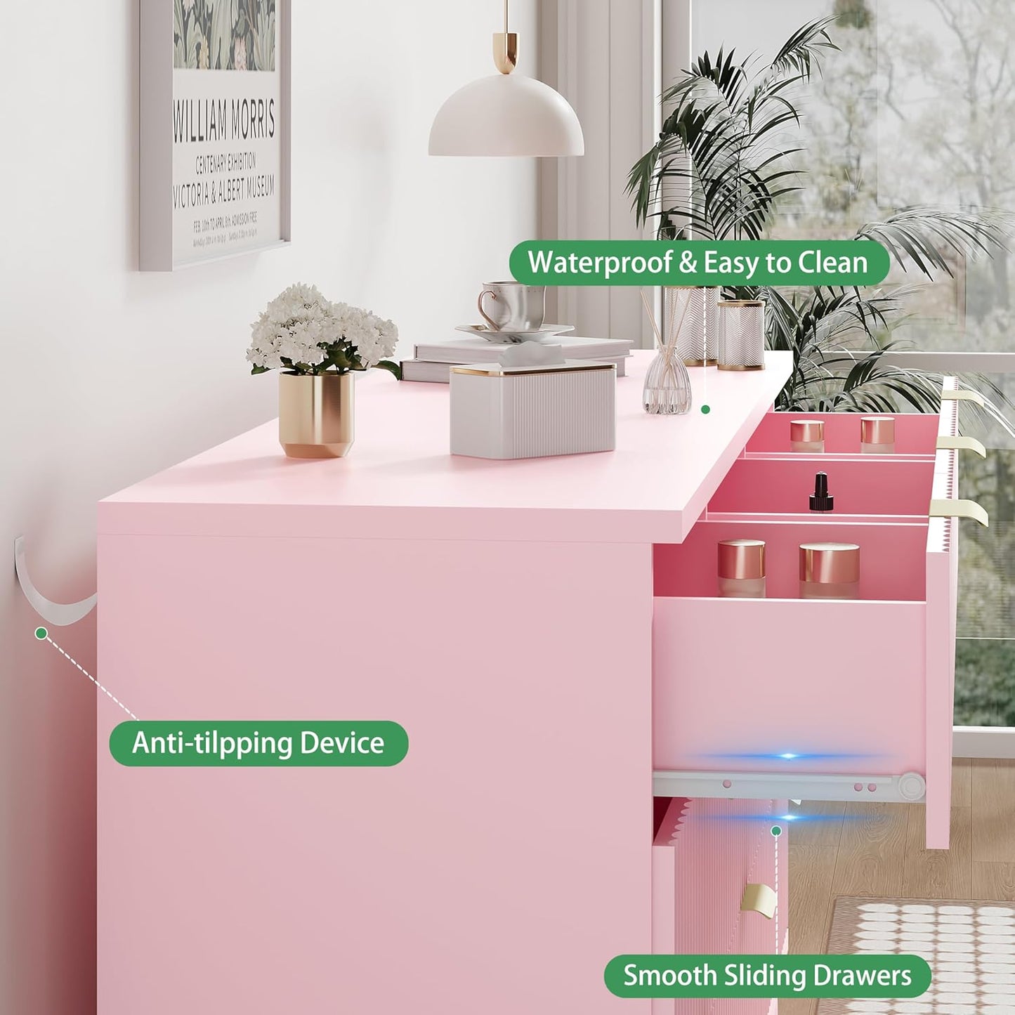 Fluted Dresser for Bedroom with 9 Drawers, 57" Wide Modern Chest of Drawers with Metal Handle, Wooden Dresser TV Stand, Wood Closet Clothes Storage Organizer for Living Room, Hallway, Pink