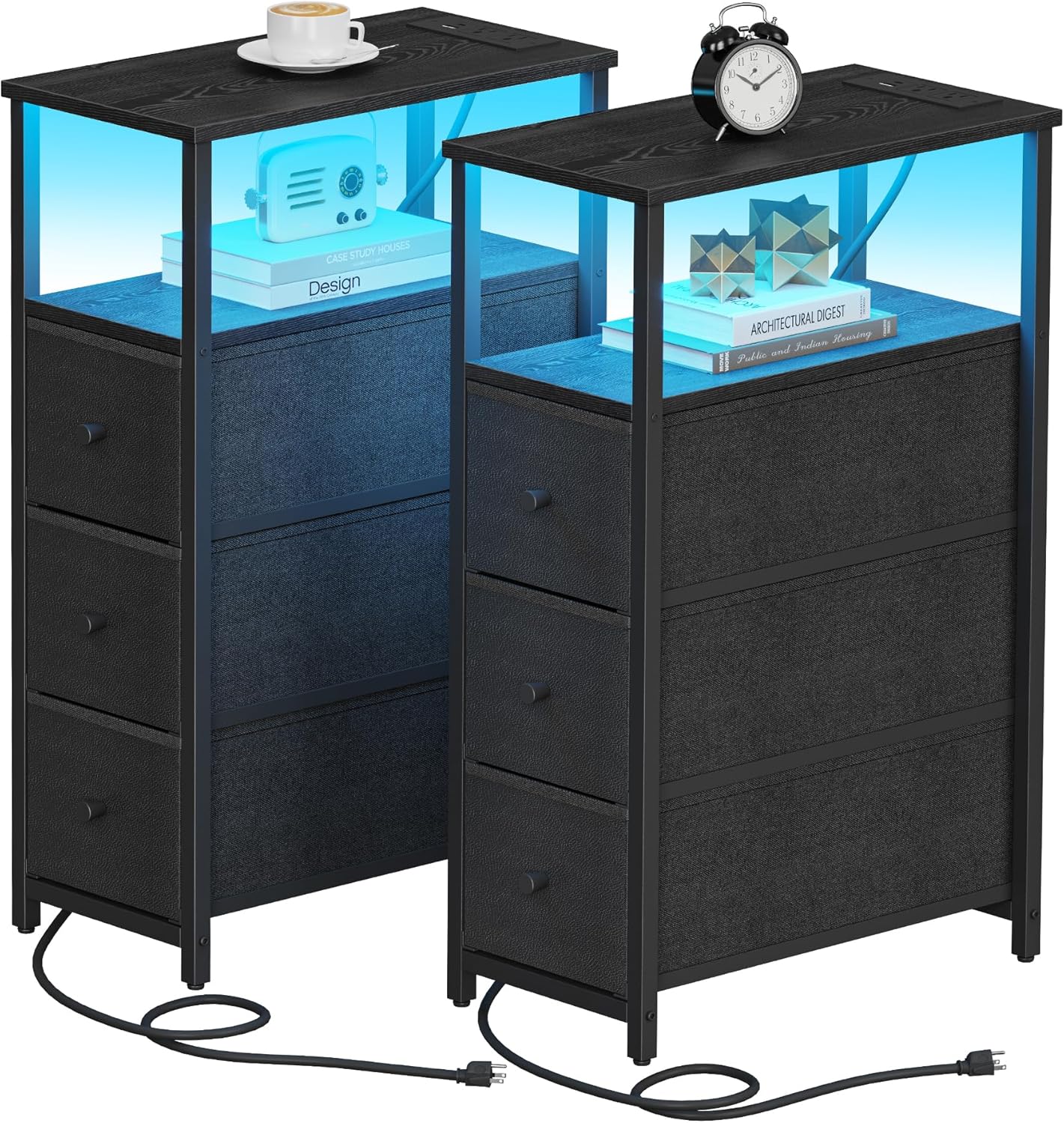 TUTOTAK Narrow LED Night Stand with Charging Station, Slim End Table with Plugins, Tall Side Table with 3 Fabric Drawer, Small Bedside Table with Storage, Set of 2, for Living Room, Black TB01BK073L