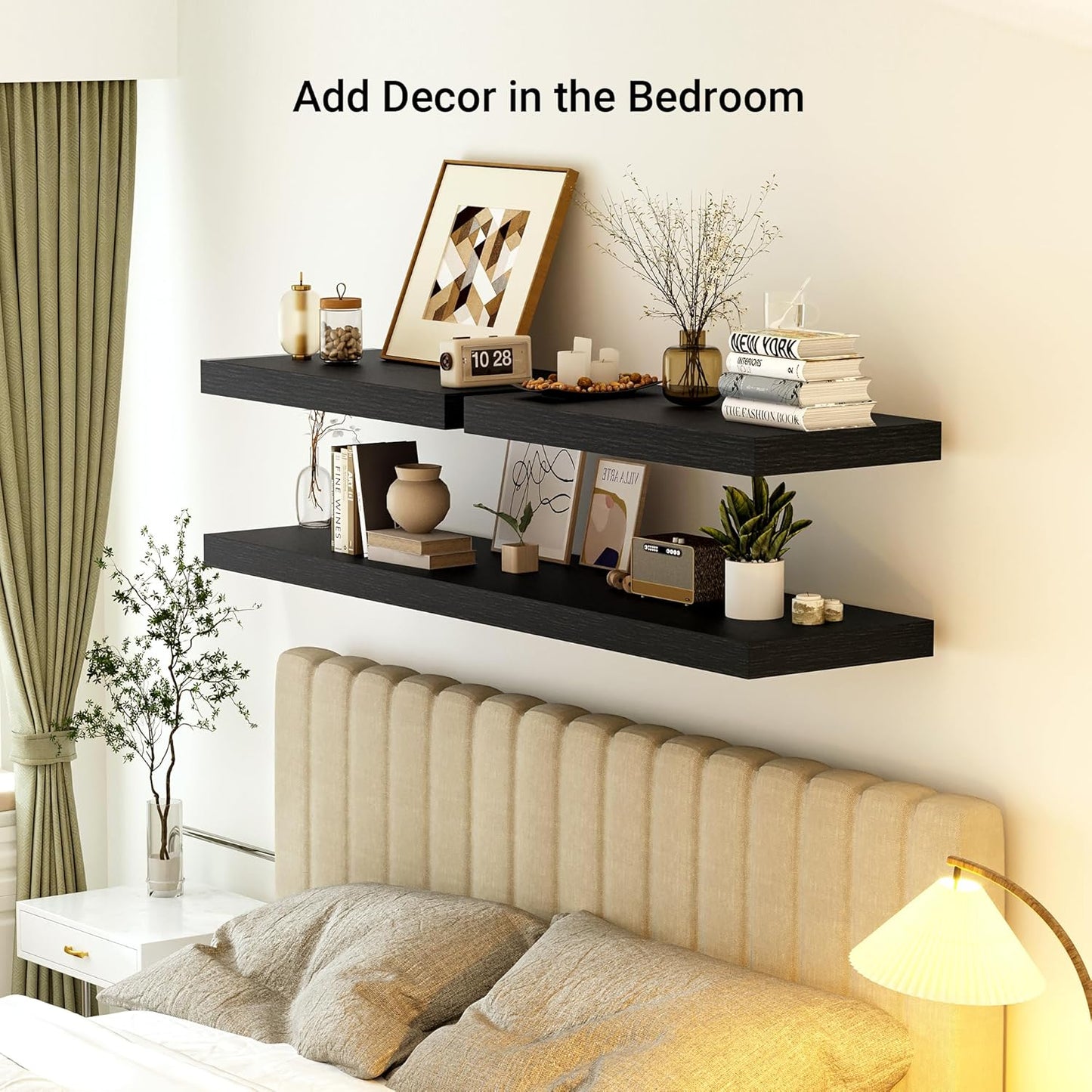 Heimlove 12 Inch Deep Floating Shelves, 48 x 12 inches Long Wall Shelf, Large Display Shelf & Storage Shelf, Rustic Wood Wall Shelves for Fireplace Mantel, Set of 1(Black)