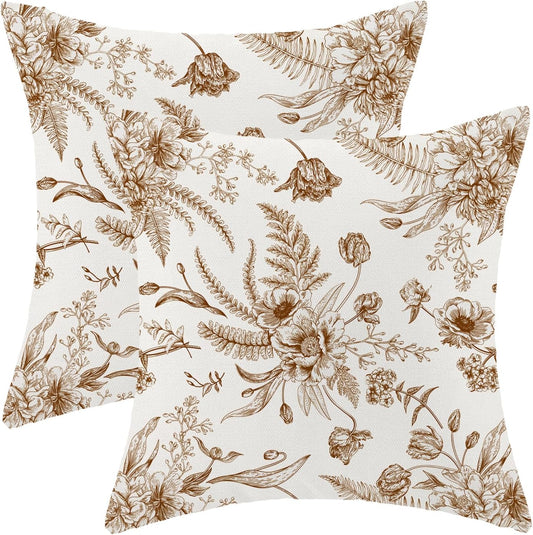 CXMEIFLY Spring Floral Leaves Pillow Covers 24 x 24 Inch Set of 2 for Chinoiserie Flowers Decor Throw Pillows Brown and White Seasonal Plant Outdoor Decorative Cushion Cases for Couch Bed Decorations