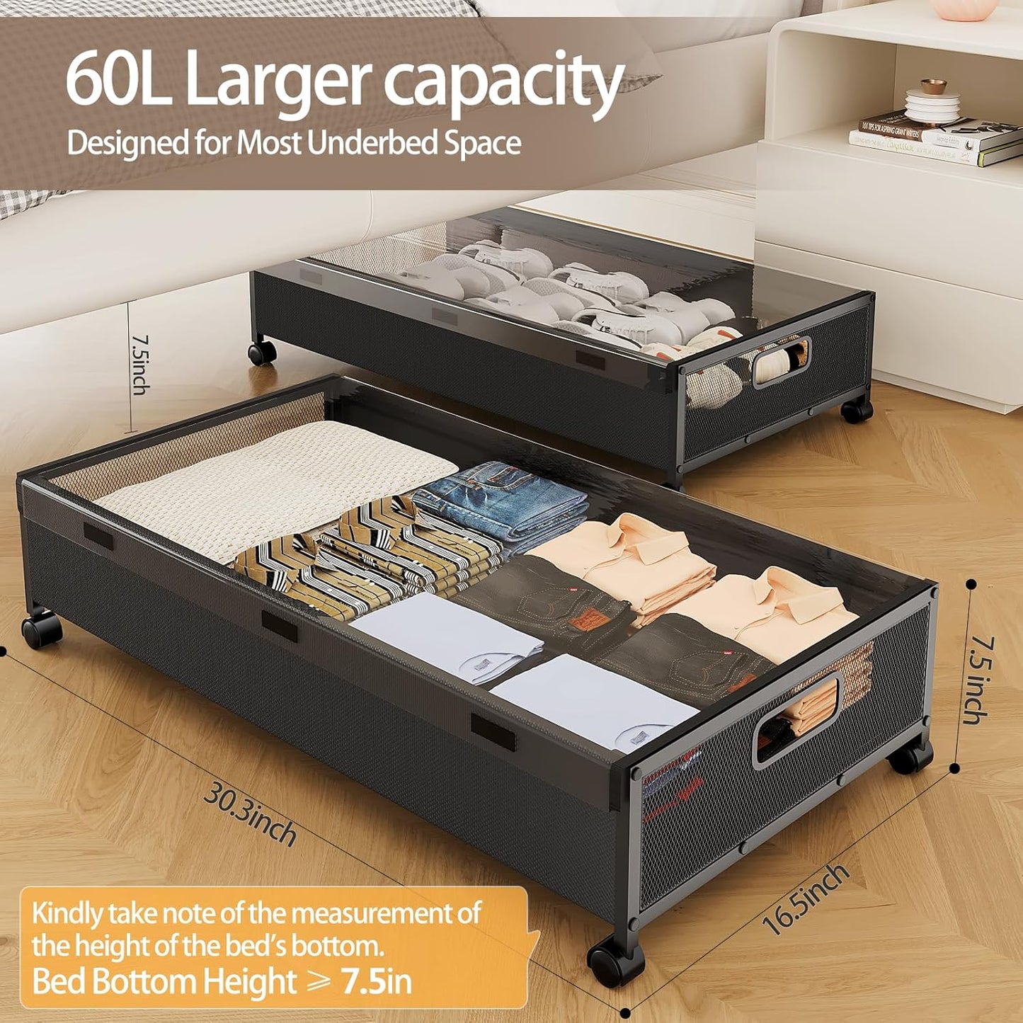 Under Bed Storage Containers with Wheels, 2 Pack Underbed Shoe Storage Organizer with Removable Lids, Large Rolling Under Bed Storage Dresser Drawers for Clothes Toys Shoes Blankets