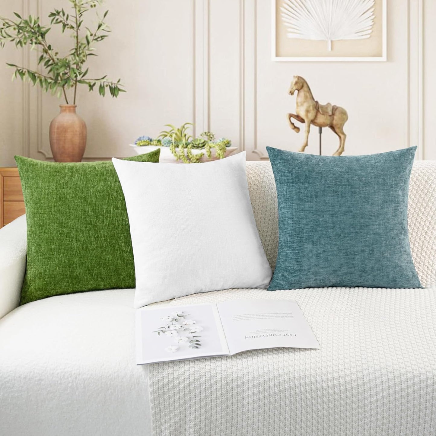 CaliTime Throw Pillow Covers Decorative 18 X 18 Inches Pack of 4 Cozy Chenille Cushion Cases for Couch Sofa Bed Living Room Home True White