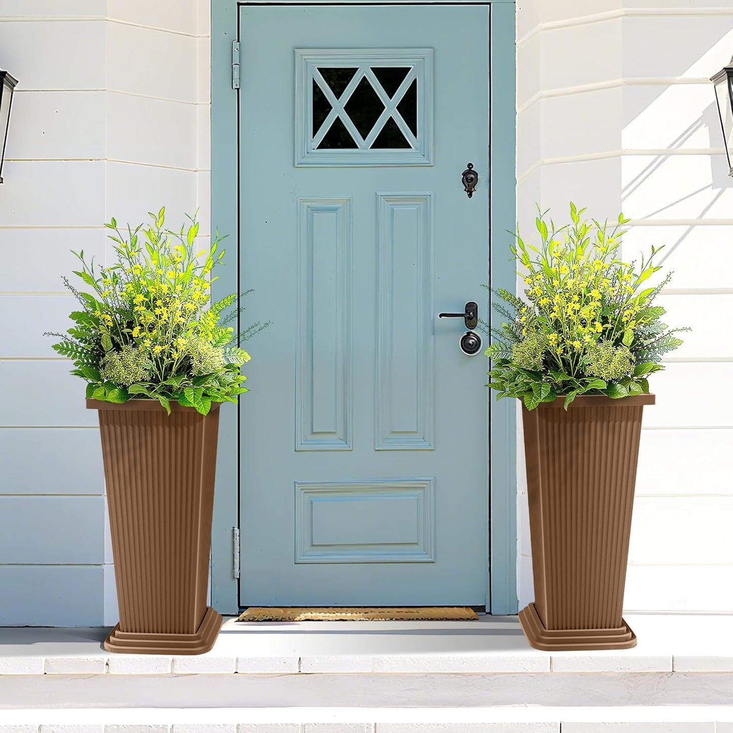 FENCY Set of 2 Tall Planters for Outdoor Plants, 24 Inch Large Tapered Pots with Drainage Trays, Weather-Resistant Plastic Plant Containers for Patio, Porch, Garden, Front Door Decor,Brown, Striped