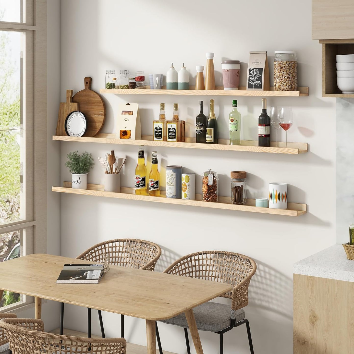 Picture Ledge Shelf for Wall, 16 inch Solid Pine Wood Nursery Book Shelves 2 Packs, Floating Ledge Shelves for Kids' Room Bedroom Bathroom Living Room Photo Frames Office Nursey Wall Decor, Natural