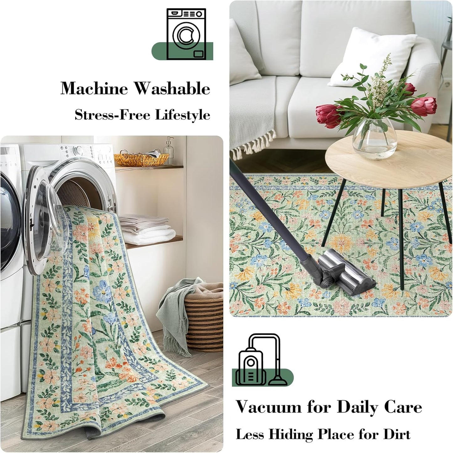 Wonnitar Machine Washable Area Rugs 9x12, Soft Sage Green Floral Rug for Living Room Bedroom, Ultra-Thin Large Foldable Boho Carpets for Playroom Classroom Dining Room
