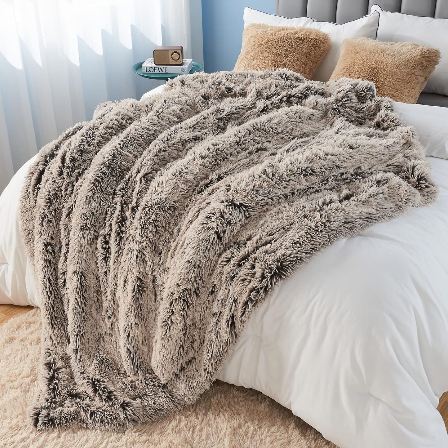 GONAAP Fuzzy Faux Fur Throw Blanket Frosty Brown Super Soft Cozy Plush Fuzzy Shaggy Blanket for Couch Sofa Bed (Frosty Brown, Throw(50"x60"))