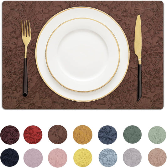 Romanstile Vinyl Placemats Set of 4-12 X 18 Inch - Heat Resistant Non-Slip Embossed Floral Place Mats 100% Waterproof Oilproof Wipeable Faux Leather Table Mats for Kitchen/Dining/Party, Brown