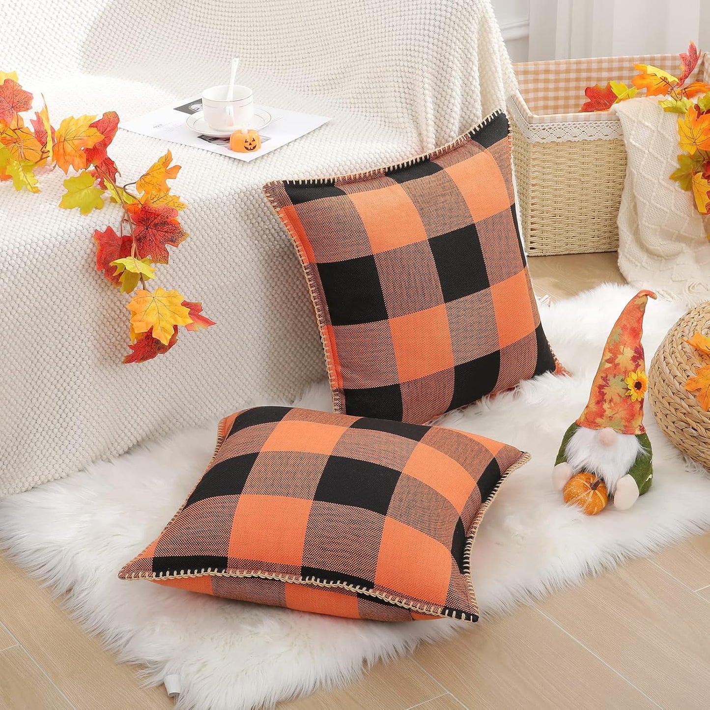 decorUhome Fall Orange and Black Decorative Throw Pillow Covers 16x16 Set of 2, Buffalo Plaid Check Farmhouse Cushion Covers with Stitched Edge for Autumn Harvest Couch Sofa Bed Home Decor