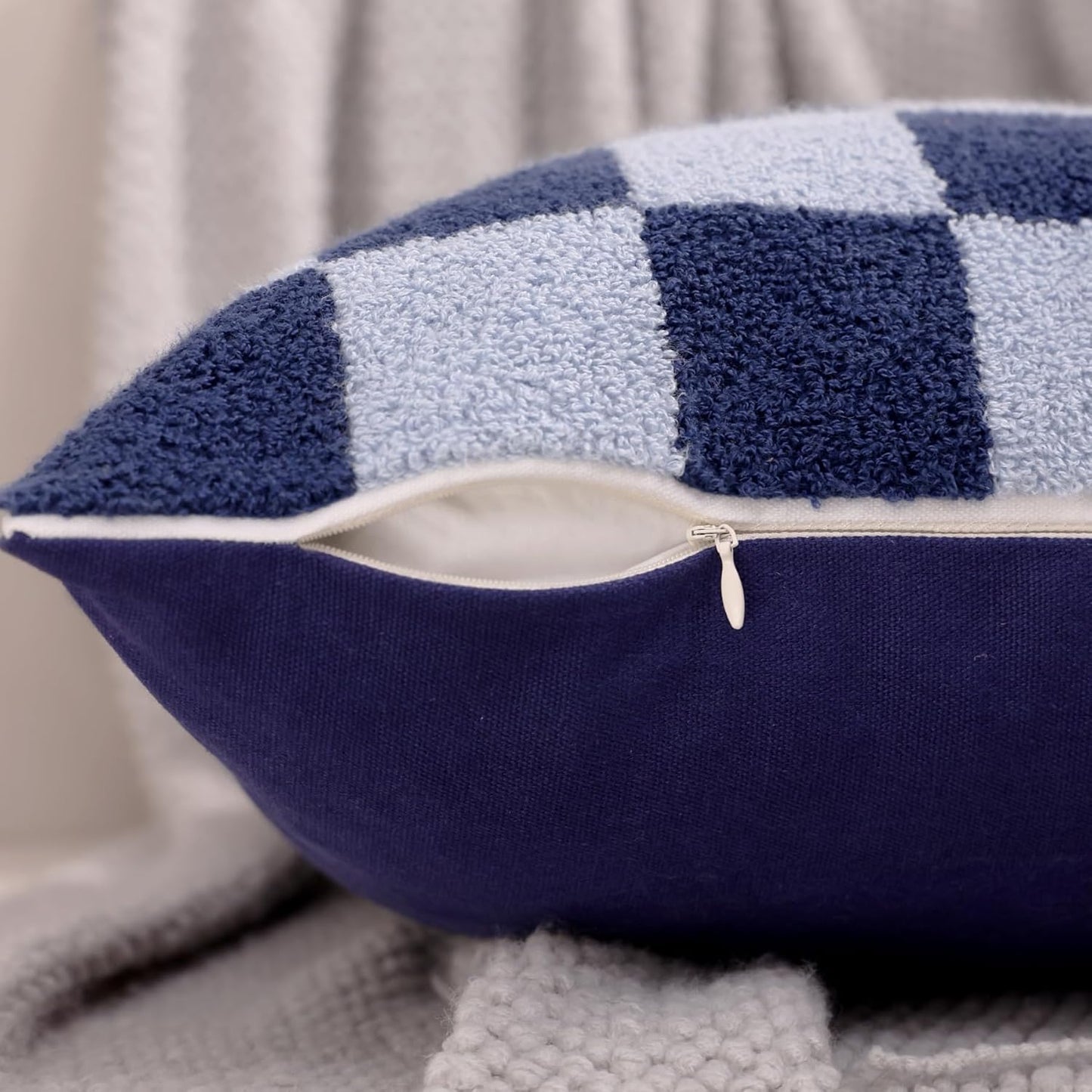 Alysheer Checkered Embroidered Decorative Throw Pillow Covers 18"x 18" Set of 2, Classic Chic Navy Blue Plaid Tufted Patterned Cotton Canvas Cushion Case for Sofa Couch Bed Living Room