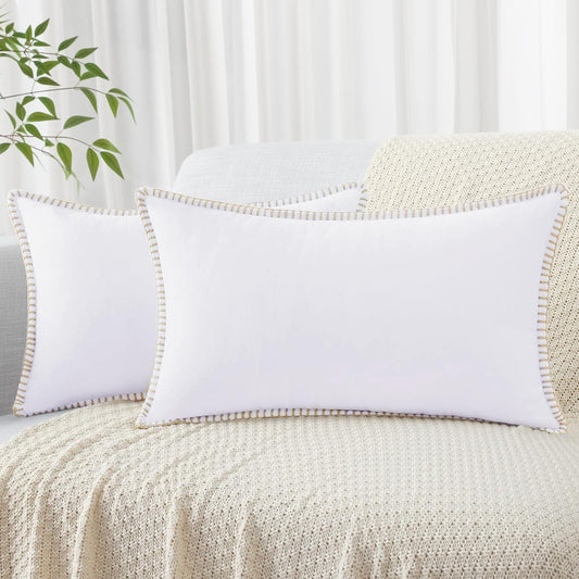 decorUhome Chenille Soft Throw Pillow Covers 12x20 Set of 2, Lumbar Velvet Farmhouse Neutral Decorative Euro Pillow Covers with Stitched Edge for Couch Sofa Bed Home Decor, White
