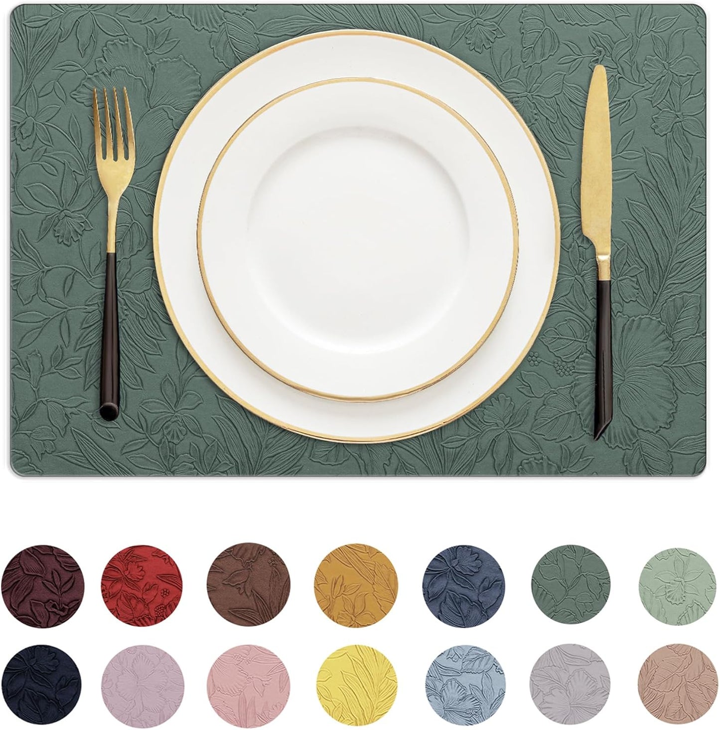 Romanstile Vinyl Placemats Set of 4-12 X 18 Inch - Heat Resistant Non-Slip Embossed Floral Place Mats 100% Waterproof Oilproof Wipeable Faux Leather Table Mats for Kitchen/Dining/Party, Green