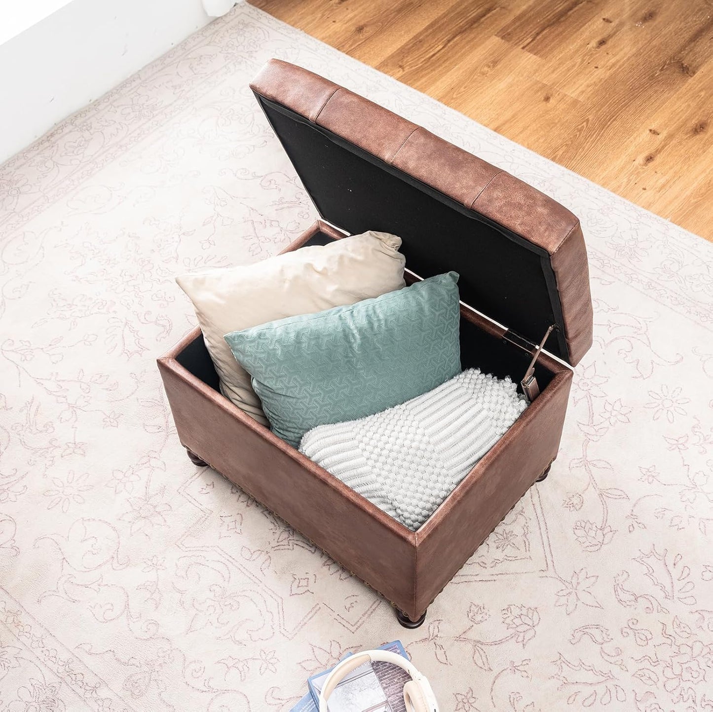 Joveco Leather Storage Ottoman, 24" Rectangle Tufted Square Upholstered Bench, Foot Rest Stool with Wood Legs, Footstool for Living Room Bedroom, Coffee