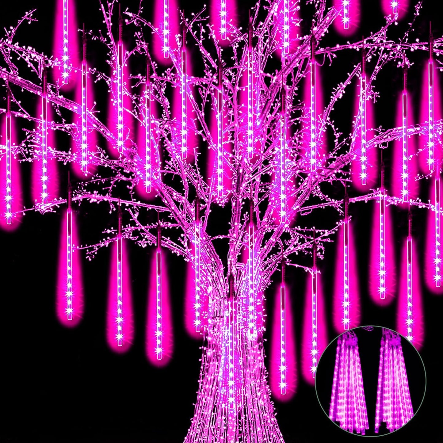 【4 Pack】 Christmas Meteor Shower Rain Lights 12inch, Totally 40 Tube 960 LEDs Icicle Lights Outdoor Raindrop Light for Xmas Halloween Wedding Party Tree Holiday Decoration, Pink