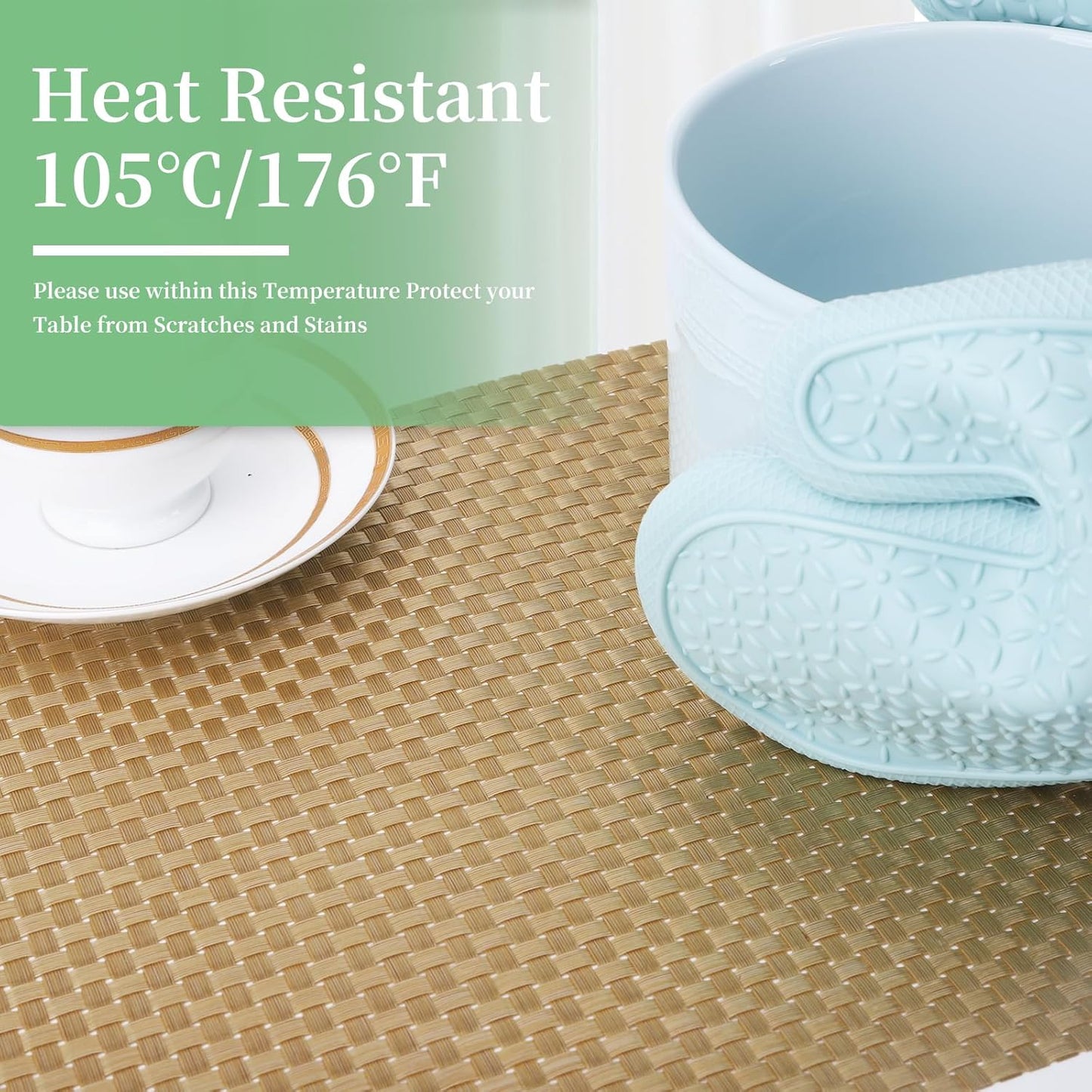 Vinyl Plastic Placemats Set of 6 Washable Heat Resistant Non-Slip Elegant Indoor Outdoor Kitchen Dining PVC Woven Table Place Mats (Gold Weaving)