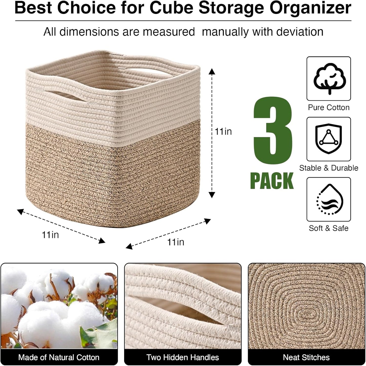 11 Inch Cube Storage Bins, Organizer Woven Cotton Rope Square Baskets for Organizing Shelves, Toys, Nursery, Off White & Brown (Pack of 3)