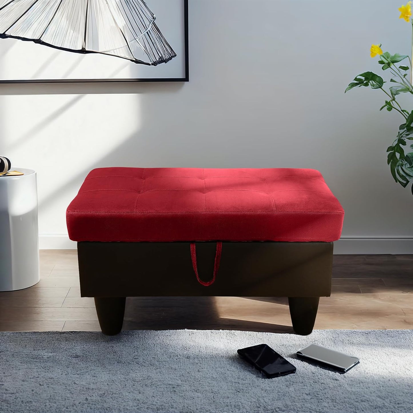 Ottoman Rectangular Storage Ottoman Bench, Flannel Footrest Stool Footstool with Lid for Living Room, Bedroom, Entryway, Red&Black, 35"x23.5"x17.5"