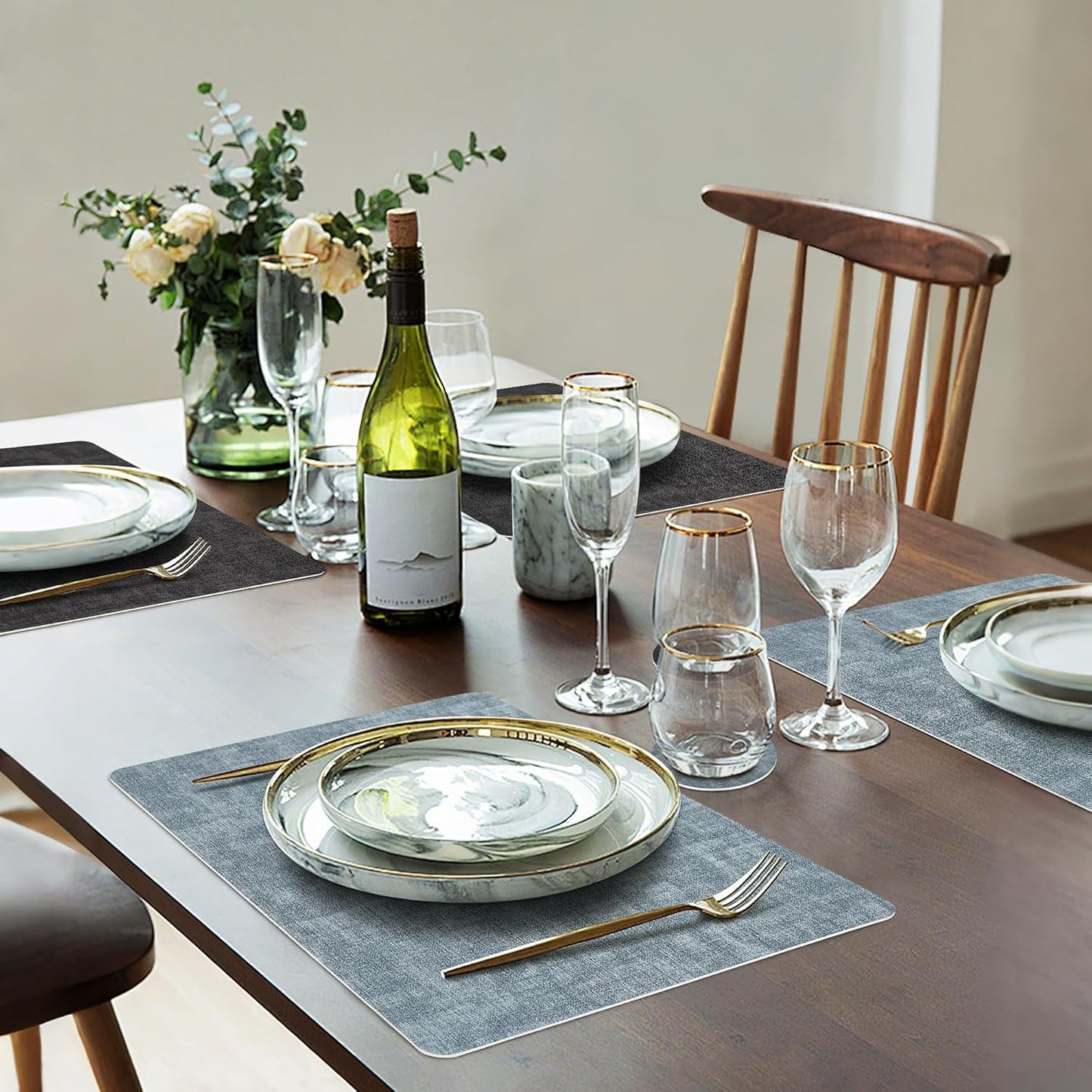 Faux Leather Dual Sided Placemats Set of 6, Square Non-Slip Heat Resistant Placemats with Coaster, Reversible wipeable Waterproof Table Mats for Kitchen, Dining, Outdoor (6, Black Light Blue)