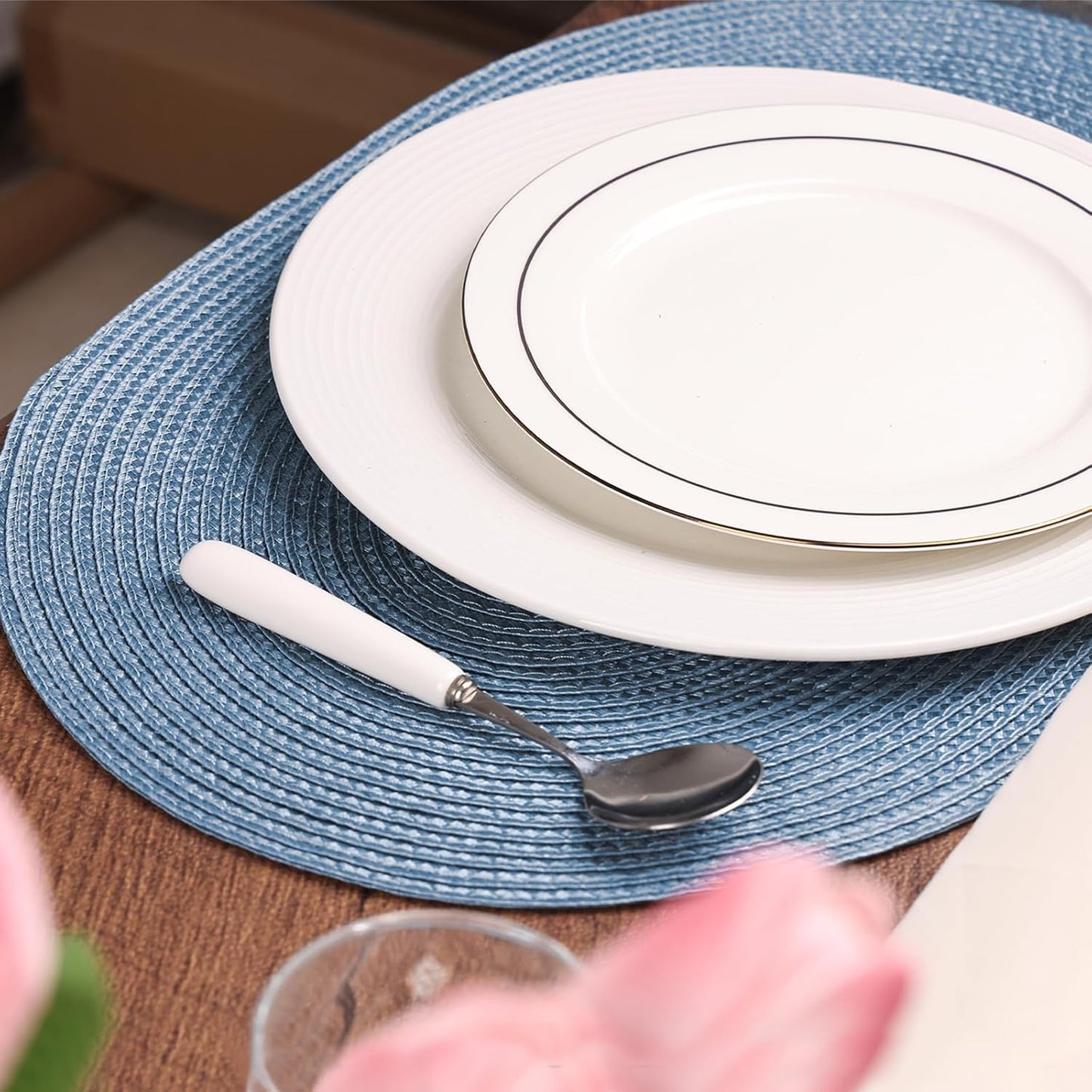 AHHFSMEI Placemats Set of 4 for Dining Table Washable Woven Vinyl Non-Slip 18x12 inches Placemat Heat-Resistant Durable Table Mats for Dining Table Easy to Clean(Light Blue 4)