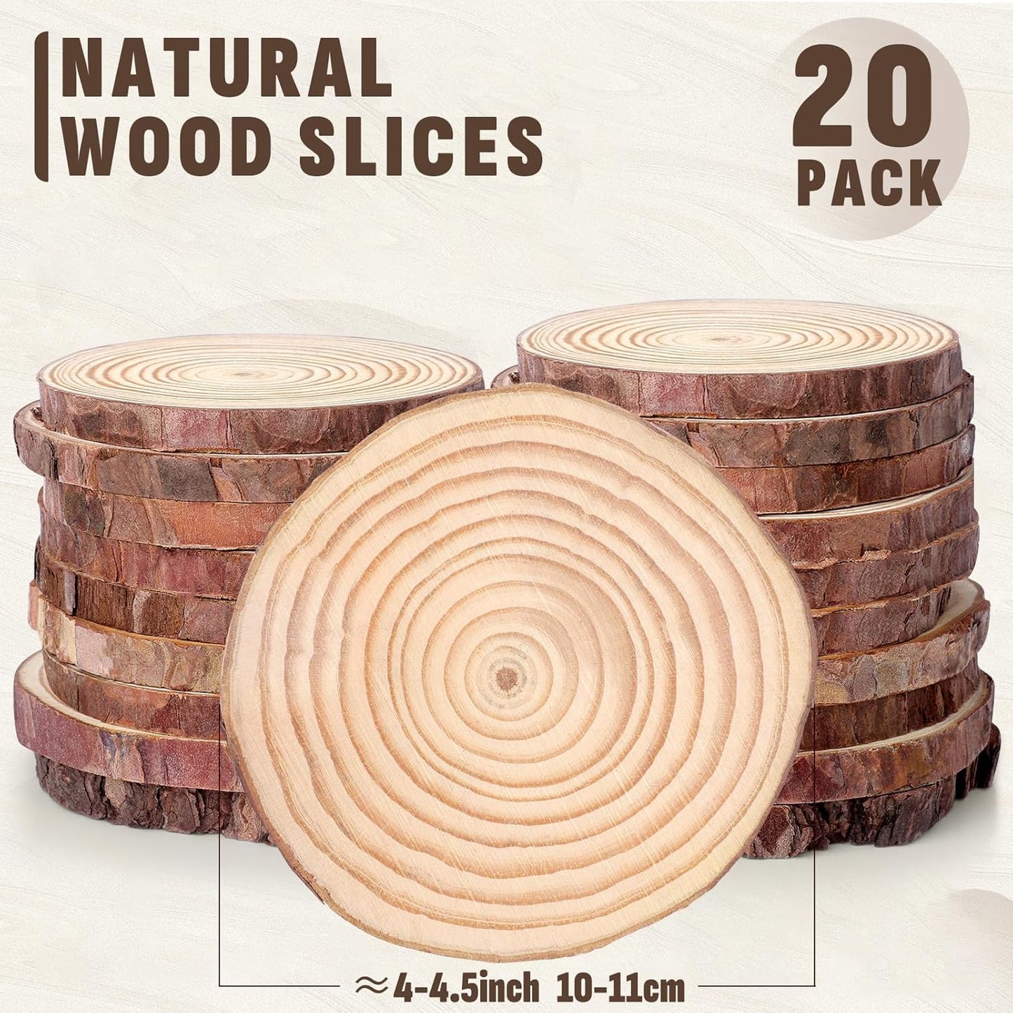 FUMILE Unfinished Natural Wood Slices 4-4.5 Inch, 20 PCS Round Wooden Discs with Tree Bark, Wood Rounds for Crafts Christmas Ornaments, Wood Circles for Rustic Wedding Decoration