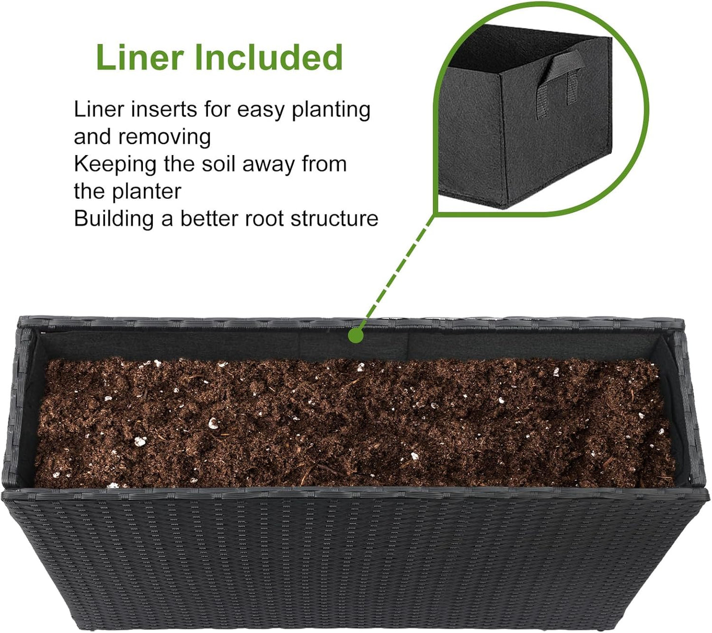LEWIS&WAYNE Large Rectangular Block Planter Box Handmade Wicker Tall Planters for Outdoor Plants with Removable Liners Modern Planter for Indoor Outdoor Patio Deck - Black, 38''x11''x30''