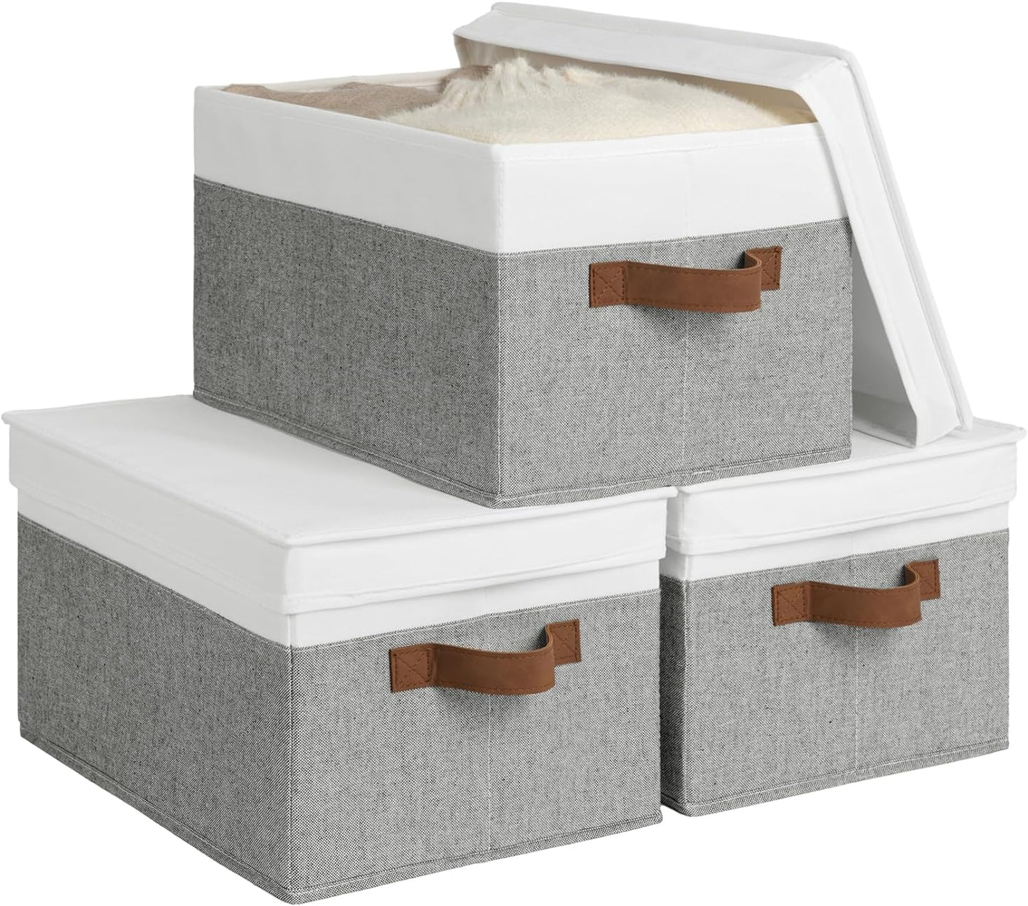 StorageWorks Large Storage Bins with Lids, Decorative Storage Boxes with Lid and PU Handles, Foldable Storage Baskets for Closet, Shelves, Stackable, Gray and White, 3-Pack