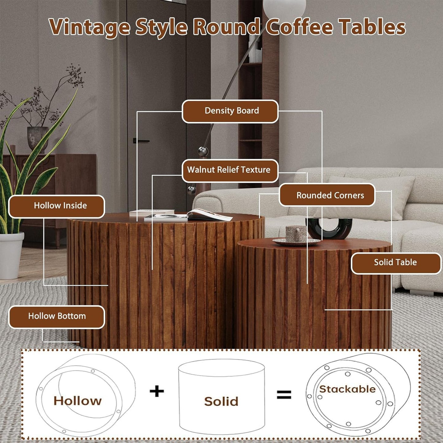 Round Nesting Coffee Table Set of 2 Modern Round Walnut Coffee Table Small Circular End Table Side Table Coffee Tables Circle Nested Coffee Tables for Living Room (Brown Small)