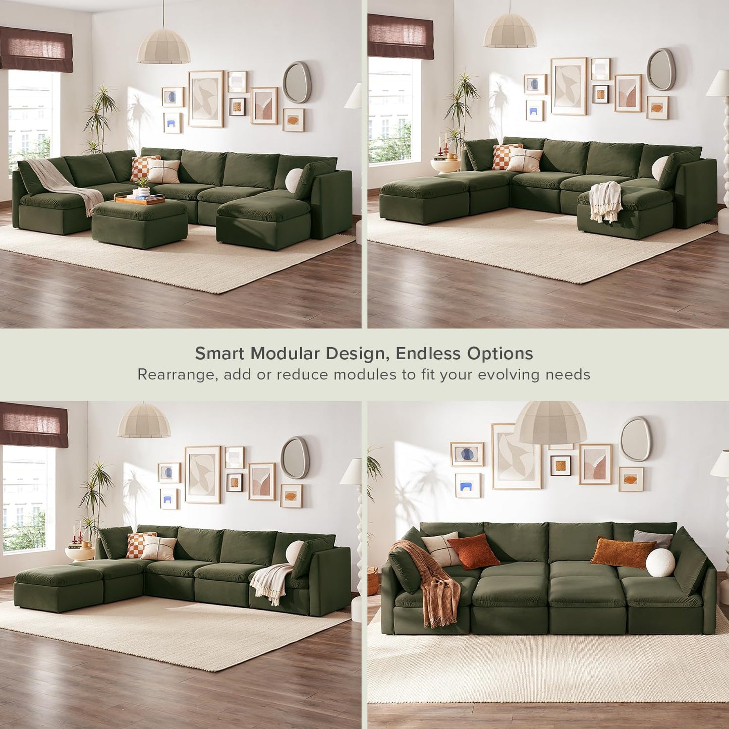 mopio Oversized Modular Sectional Sofa with Fully Removable Covers and Storage, Convertible U, L-Shaped and Sleeper Sectional, Modern Couches with Ottoman Chaise (Olive Green Velvet, 8 Seats, U)