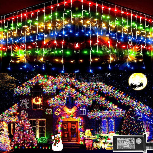 KNONEW 99ft 960 LED Christmas Lights Outdoor Decorations with 180 Drops, 8 Modes Curtain Fairy Light, Clear Wire LED String Light Indoor Decor for Wedding Party Christmas(Multicolor)