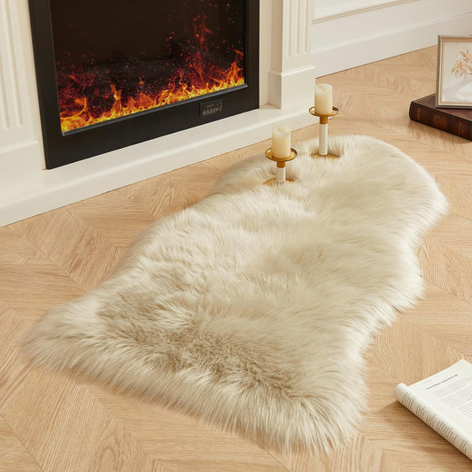 AMTOVO Faux Fur Rug, Beige Area Rug, Fluffy Sheepskin Rug, Fuzzy Ultra Soft 2 x 4 ft Shag Rugs for Bedroom Sofa Throw Cushion Room Decor, Sheepskin