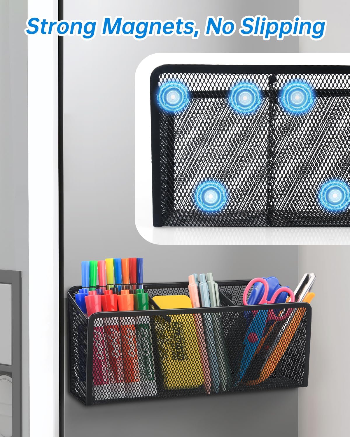 VICNOVA Magnetic Pencil Holder - Metal Pen Holder with Strong Magnets - Storage Basket Organizer for Whiteboard, Refrigerator, Locker Accessories