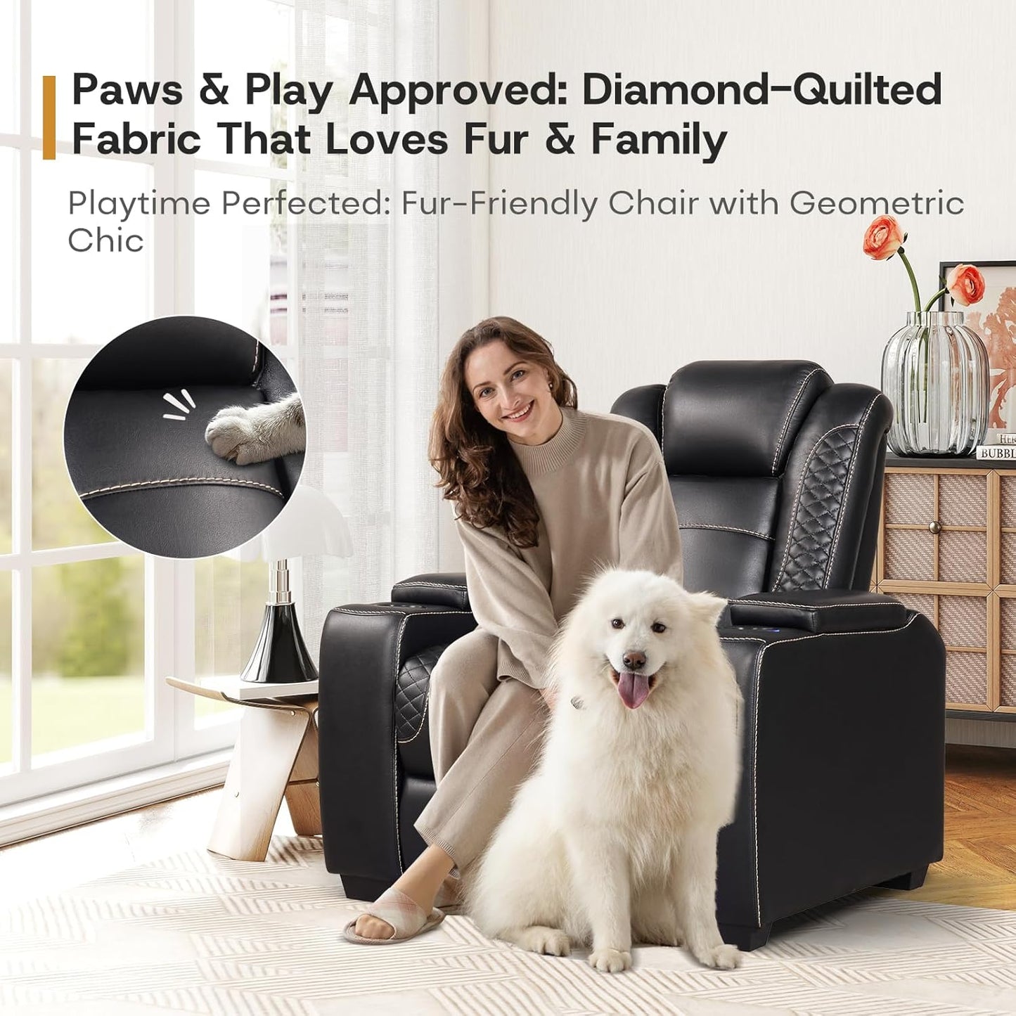 ANJ Power Theater Recliners Set of 3, Electric Home Theater Seating, Black Faux Leather Recliner with Adjustable Headrest, Movie Recliner Theater Chairs with LED,USB, Cup Holders, Hidden Arm Storage