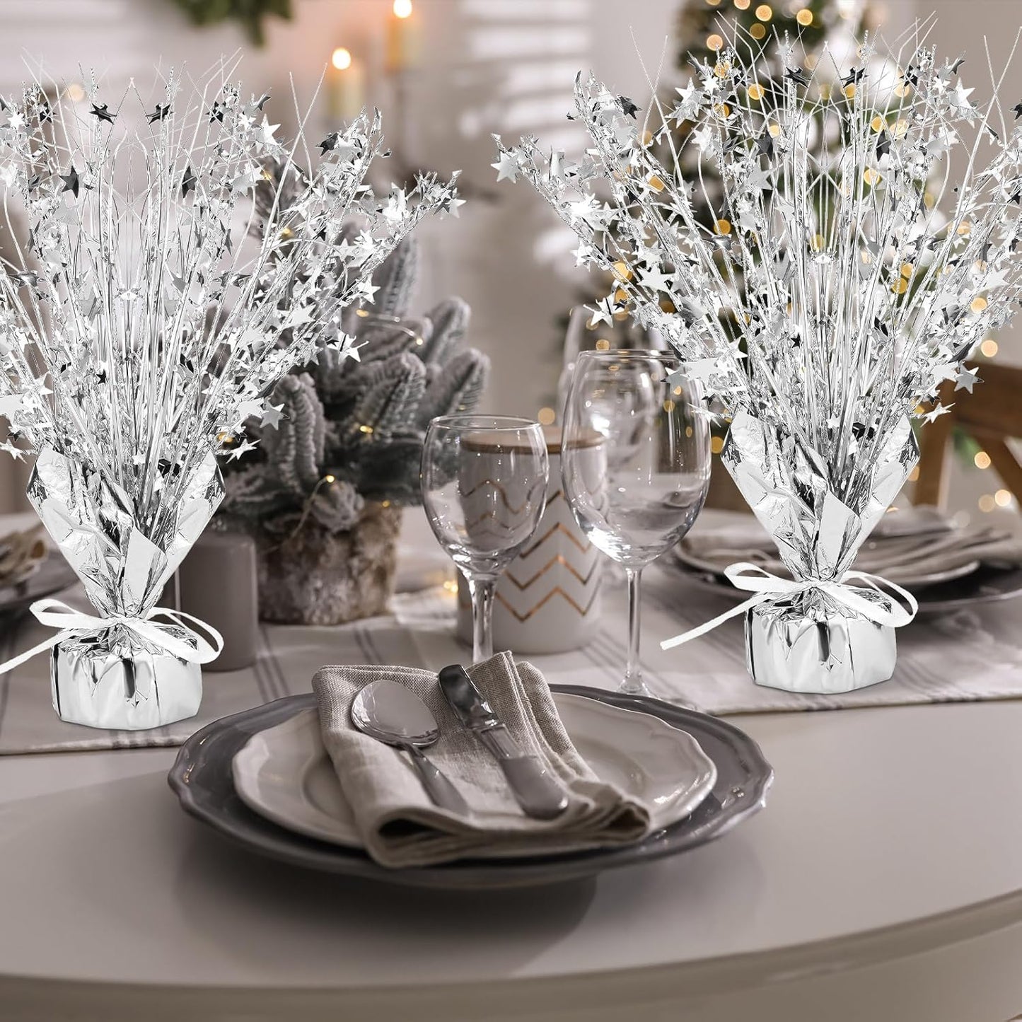 Crowye 18 Pieces Metallic Foil Spray Centerpiece Party Star Table Decoration Burst Metallic Table Centerpieces for Birthday Party Season Holiday(Silver)