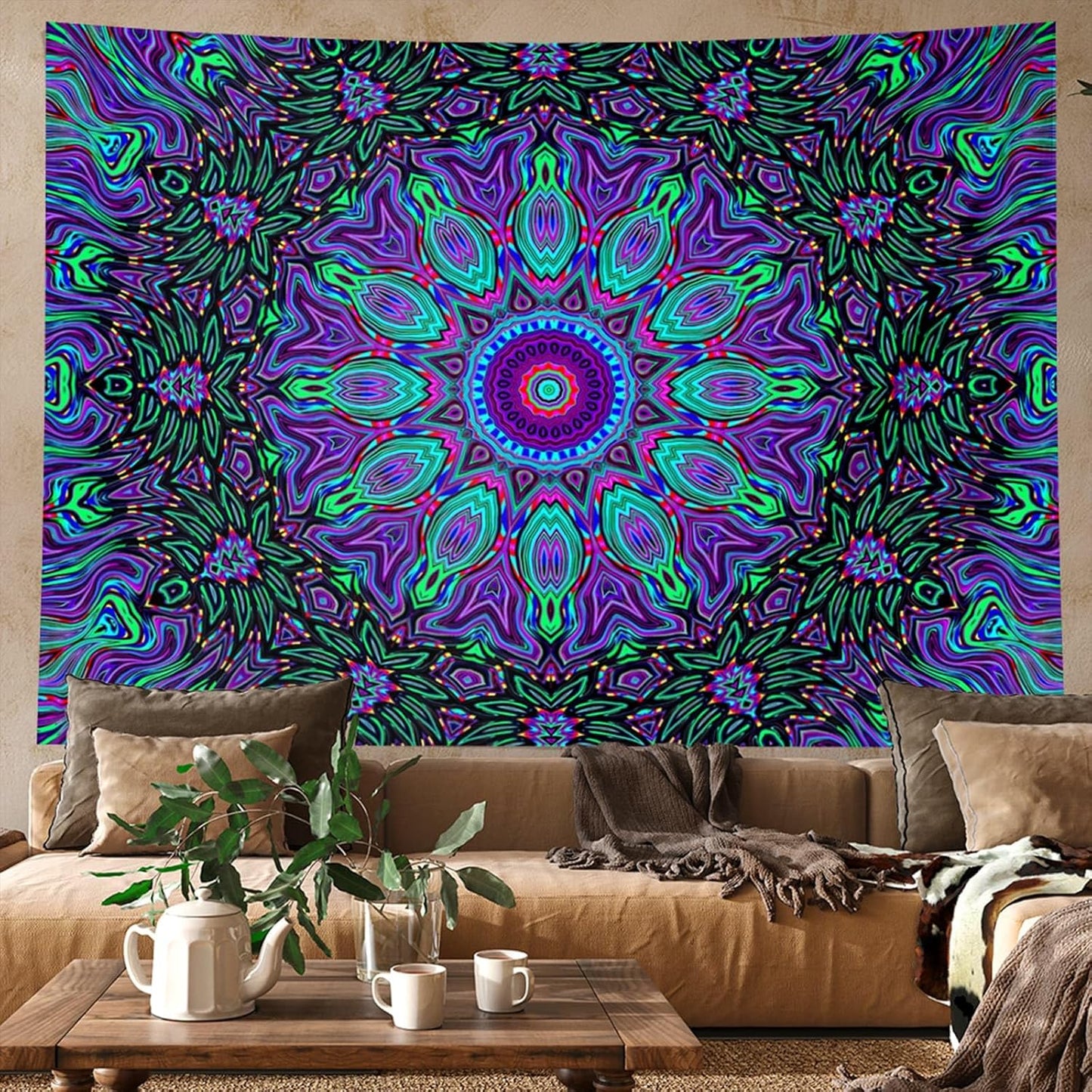 PSYHILAR Blacklight Mandala Tapestry for Bedroom, Psychedelic Black Light Posters for Adults and Teens, Neon UV Reactive Aesthetic Bohemian Art Wall Hanging Decor (60 x 50 Inches)